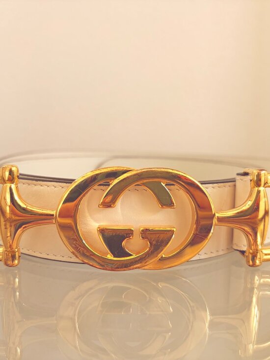 Gucci Signature White Leather Belt (Interlocking G Buckle, Gold-tone) main image 2